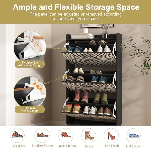 RUNFAYBIU Shoe Cabinet for Entryway Slim Shoe  Cabinet with Color Painted Pattern Shoe Rack Cabinet with 3 Flip Drawers  White Shoe Cabinet for Entryway (Walnut)