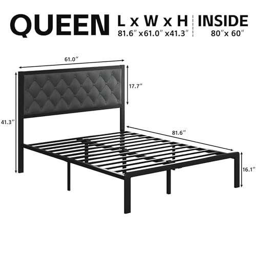 Queen Bed Frame with Headboard PU Leather Upholstered Bed Frame Platform,All Metal Slats Support Platform Bed Frame with Storage Space,Easy Assembly,Noise Free,No Box Spring Needed,Black