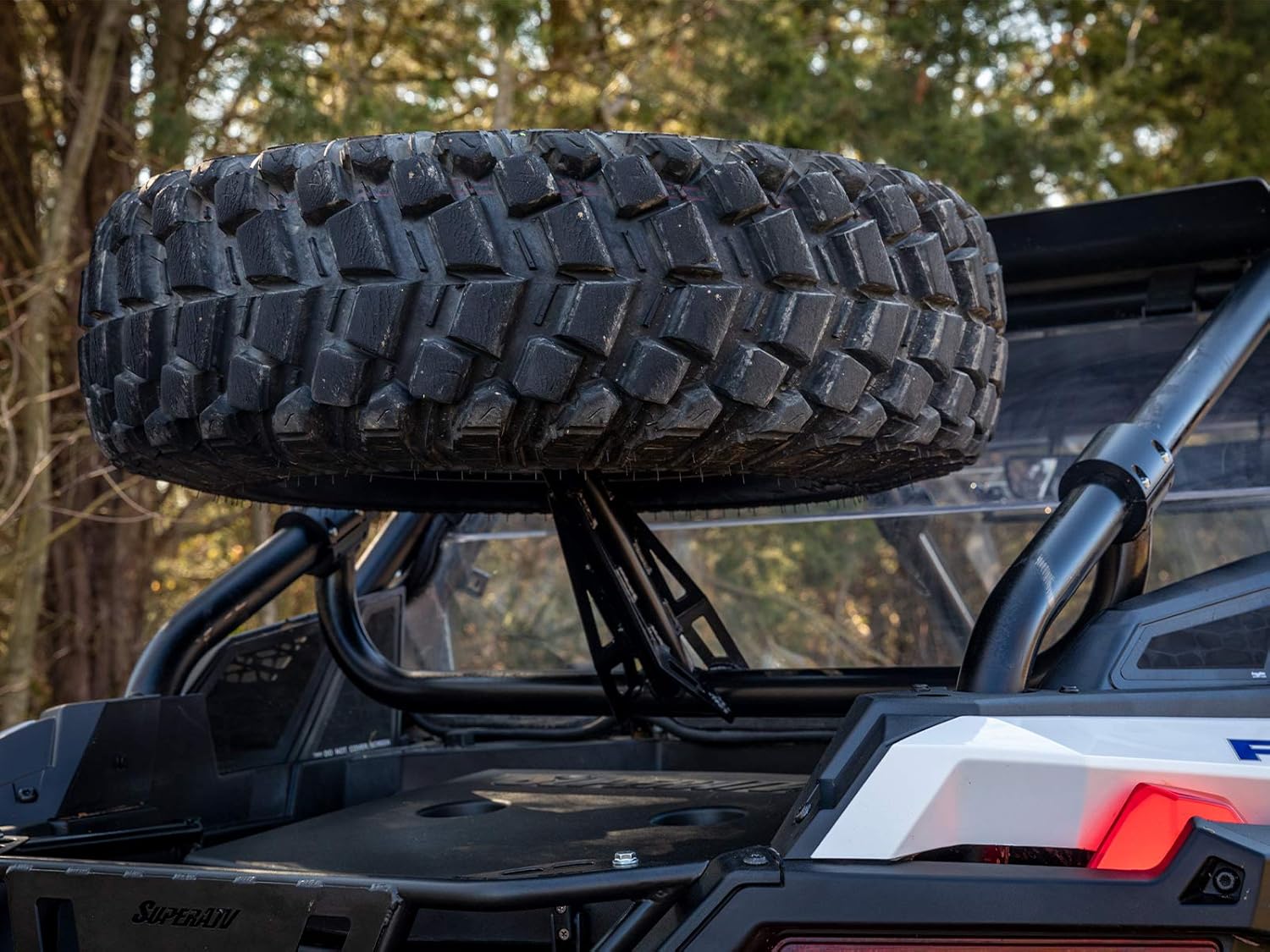 SuperATV Spare Tire Carrier for 2020+ Polaris RZR PRO XP (2-seater only) | Satin Black | Fits Up to 34” Tire with OEM Roof, 37 Tire with SuperATV Roof | Accommodates tires up to 65 pounds