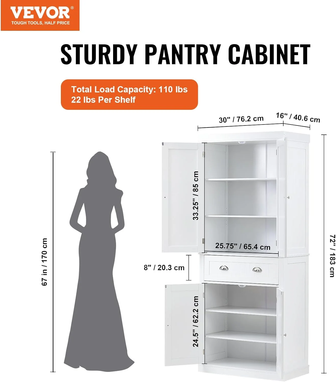 TJUNBOLIFE 72"  Freestanding Utility Cabinets with Doors  Drawer and 3 Adjustable Shelves  Tall Food Buffet Pantries for Kitchen  Living  Dinning Room  Laundry  Pearl White