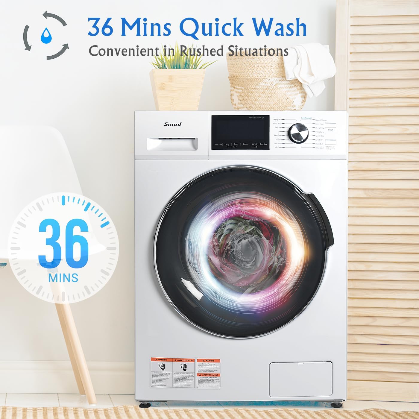 Smad 2.7 Cu.Ft Compact Front Load Washing Machine Cold Wash Laundry Machine 36 Mins Quick Wash, 14 Washing Programme Space Saving Washer