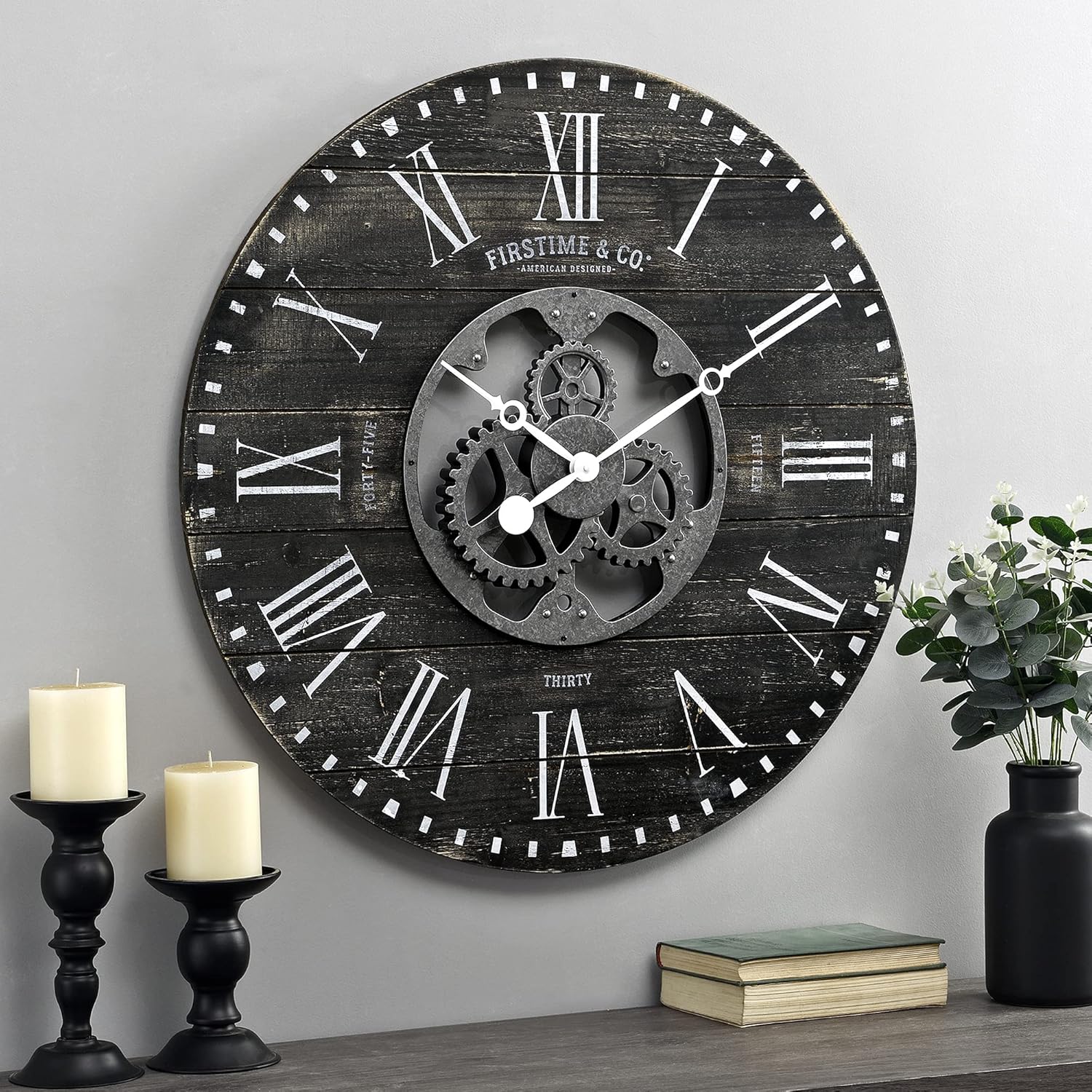 FirsTime & Co.® Black Shiplap Gears Farmhouse Wall Clock, American Designed, Black, 27 x 2 x 27 inches