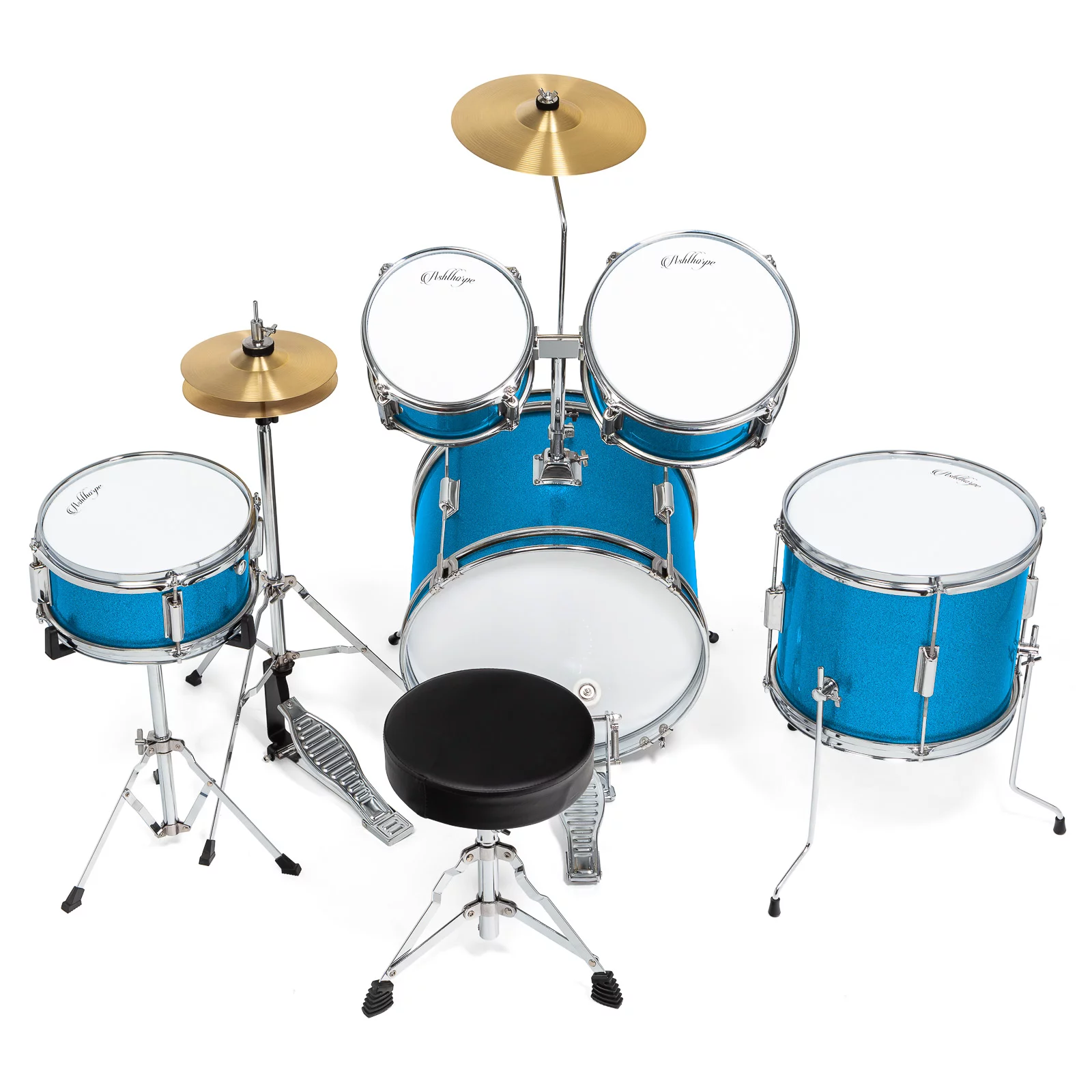 Ashthorpe 5-Piece Complete Junior Drum Set with Genuine Brass Cymbals Advanced Beginner Kit, 16" Bass, Adjustable Throne, Hi-Hats, Pedals and Drumsticks, Blue