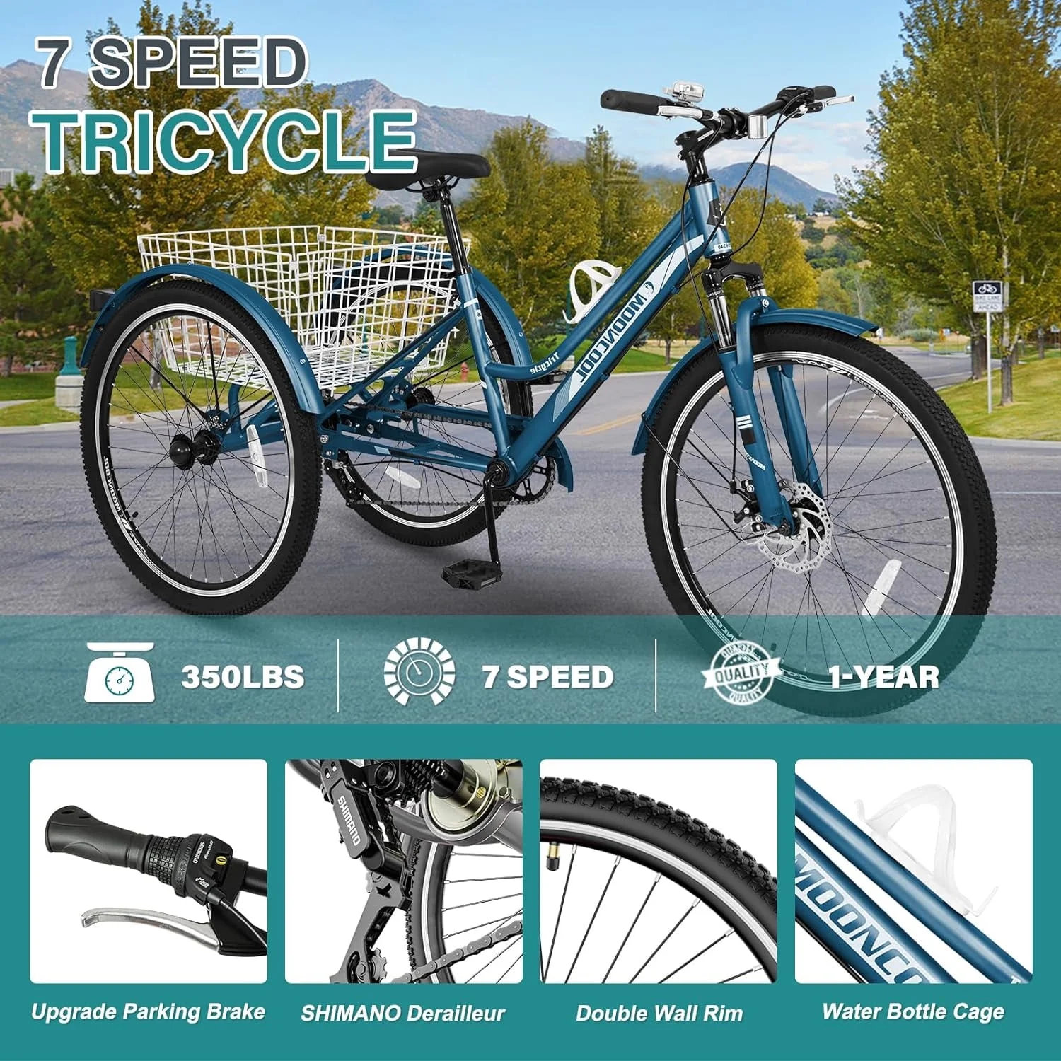 Lilypelle Adult Mountain Tricycle 24/26/27.5 Inch Low step through Mountain Bike Cruiser Trikes for Adults 7 Speed Three Wheel Trike Bike Bicycle with Large Basket