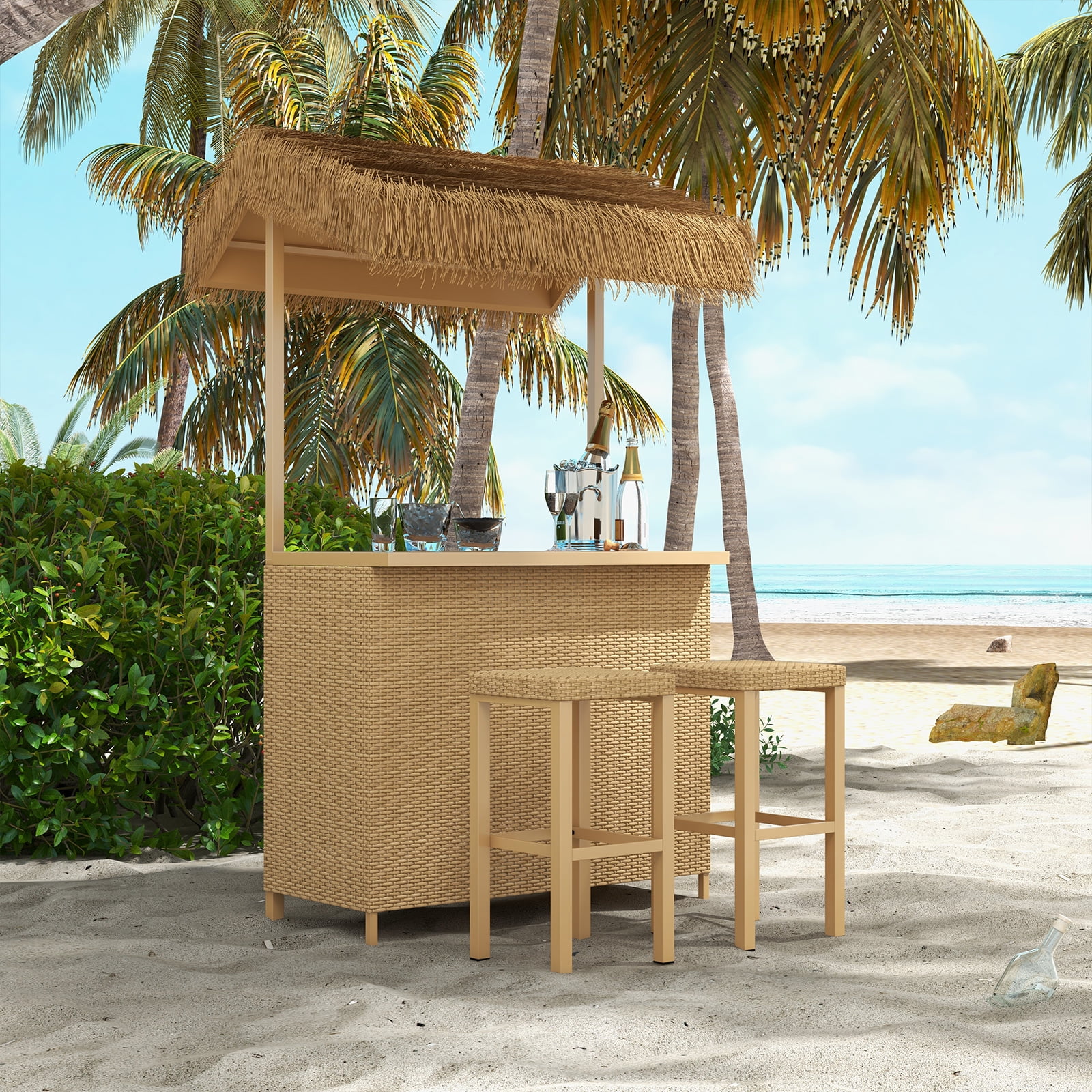 Grand Patio Outdoor Tropical Paradise Tiki Bars, Phuket 3 Piece All Weather Resin Wicker Steel Islander Tiki Bar and 2 Stools with Ceramic Top & Storage for Garden Hawaiian Luau Party, Natural