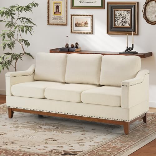 Classic 3-Seater Upholstered Sofa with Nailhead Trim, High-Density Foam Cushions & Sturdy Solid Wood Legs, Soft Fabric Couch for Living Room, Beige