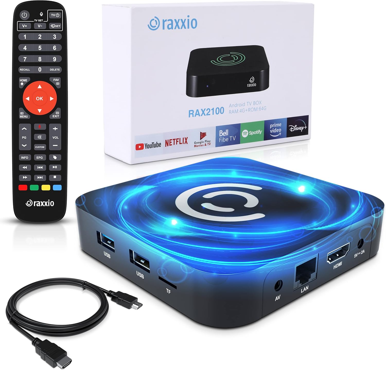 Raxxio Android TV Box - RAX2100 Android 9.0, Ultra HD 4K 75fps, 4GB RAM, 64 GB ROM, WiFi 2.5G + 5G, USB 3.0, and Bluetooth 4.1 Enabled Smart Android Box with HDMI Cable and Bluetooth Remote Control
