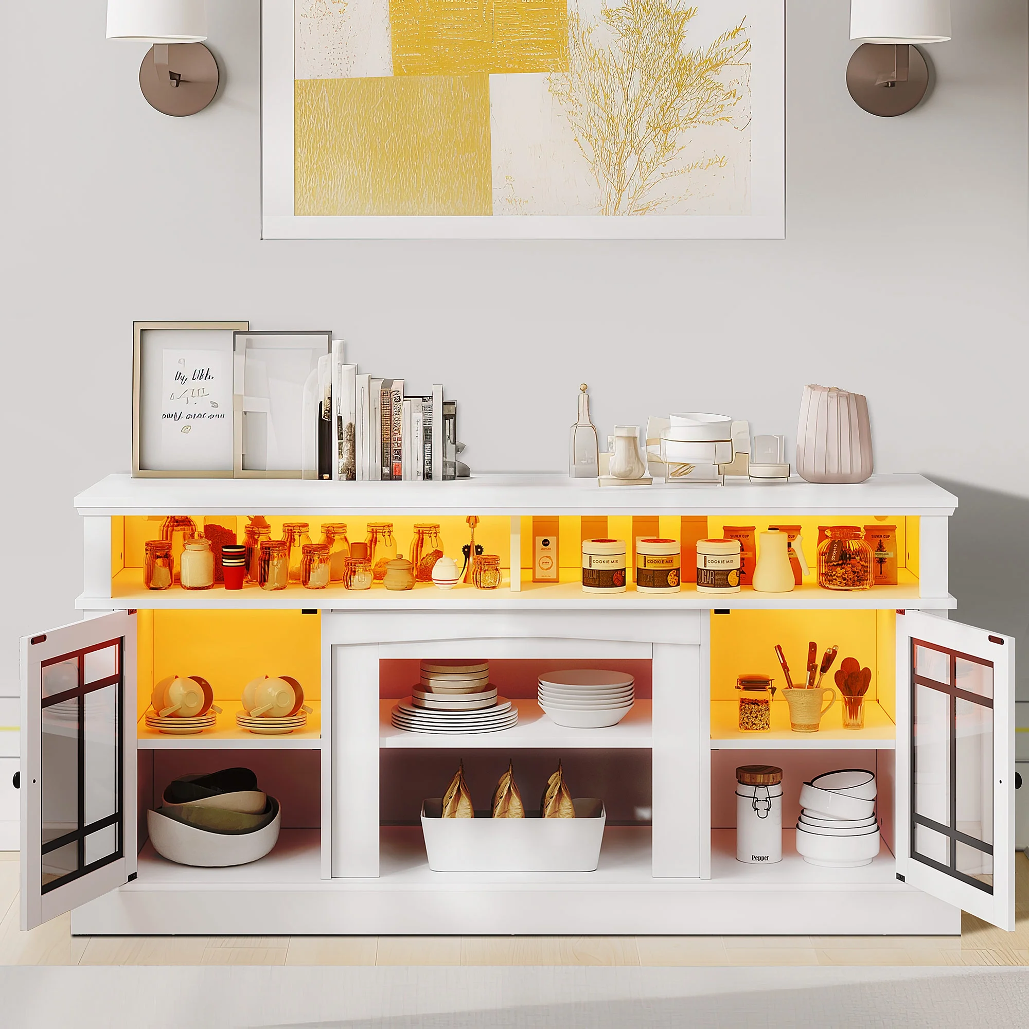 Dextrus LED Fireplace TV Stand for TVs up to 70" w/ Acrylic Glass Door, Farmhouse Highboy Entertainment Center with Electric Fireplace, White