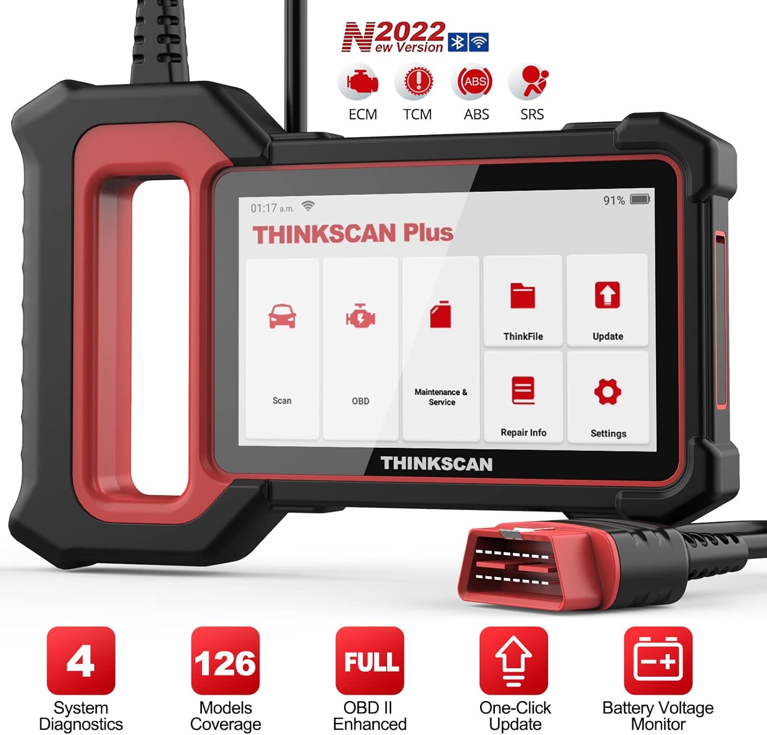 THINKCAR Car Scanner ThinkScan Plus S5 OBD2 Scanner, 4 System Diagnosis ABS SRS ECM TCM Code Reader Diagnostic Scan Tool with Lifetime Free Update, Car Diagnostic Scanner for All Cars [2022 Newest]
