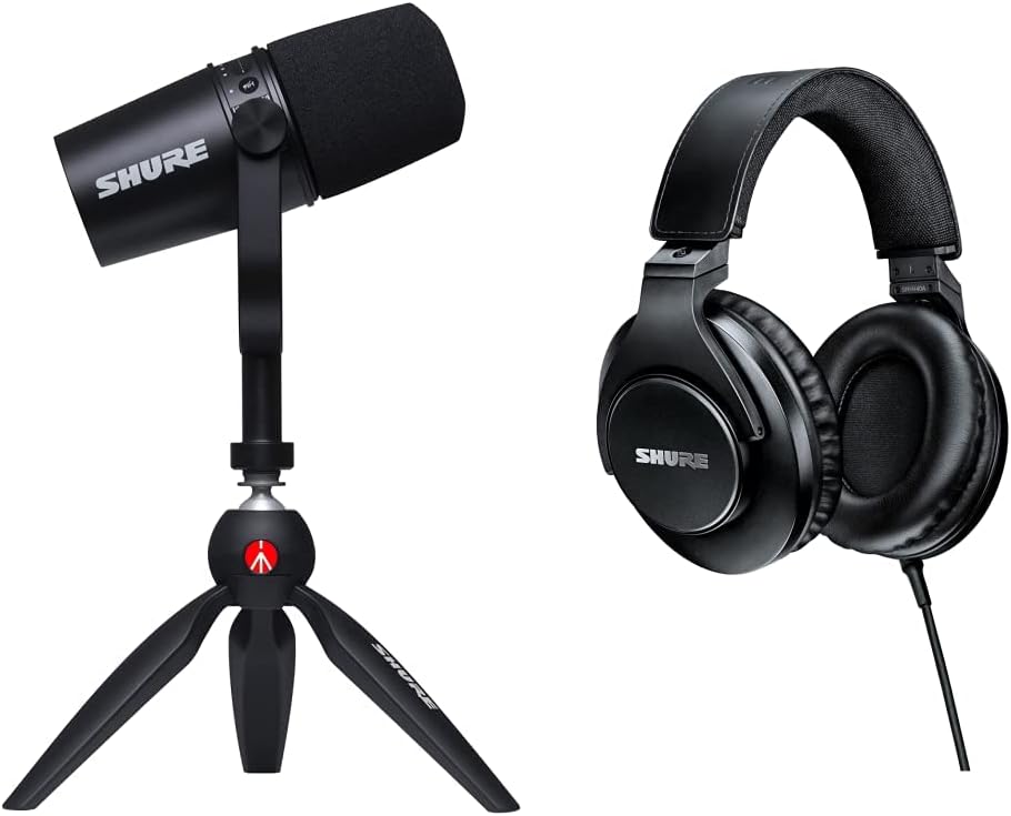 Shure MV7 USB Microphone with Tripod, for Podcasting, Recording, Streaming & Gaming, Built-In Headphone Output, All Metal USB/XLR Dynamic Mic, Voice-Isolating Technology, TeamSpeak Certified - Black