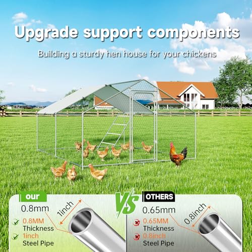 Large Metal Chicken Coop, Chicken Run Poultry Cage Hen with Water-Resident and Anti-UV Cover for Duck Rabbit House Outdoor Walk-in Chicken Pen for Yard, Dome Roof(10’ W x 19.7’ L x 6.4’ H)