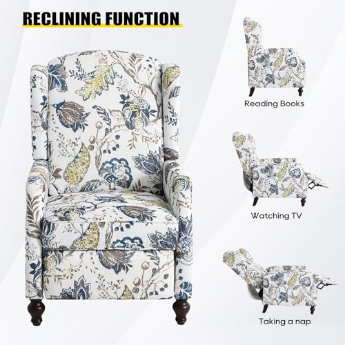 Wingback Recliner Chair with Massage and Heat, Tufted Fabric Pushback Recliner Chair, Wingback Chair with Remote Control, Padded Cushion, Wooden Legs, Small Recliners for Small Spaces