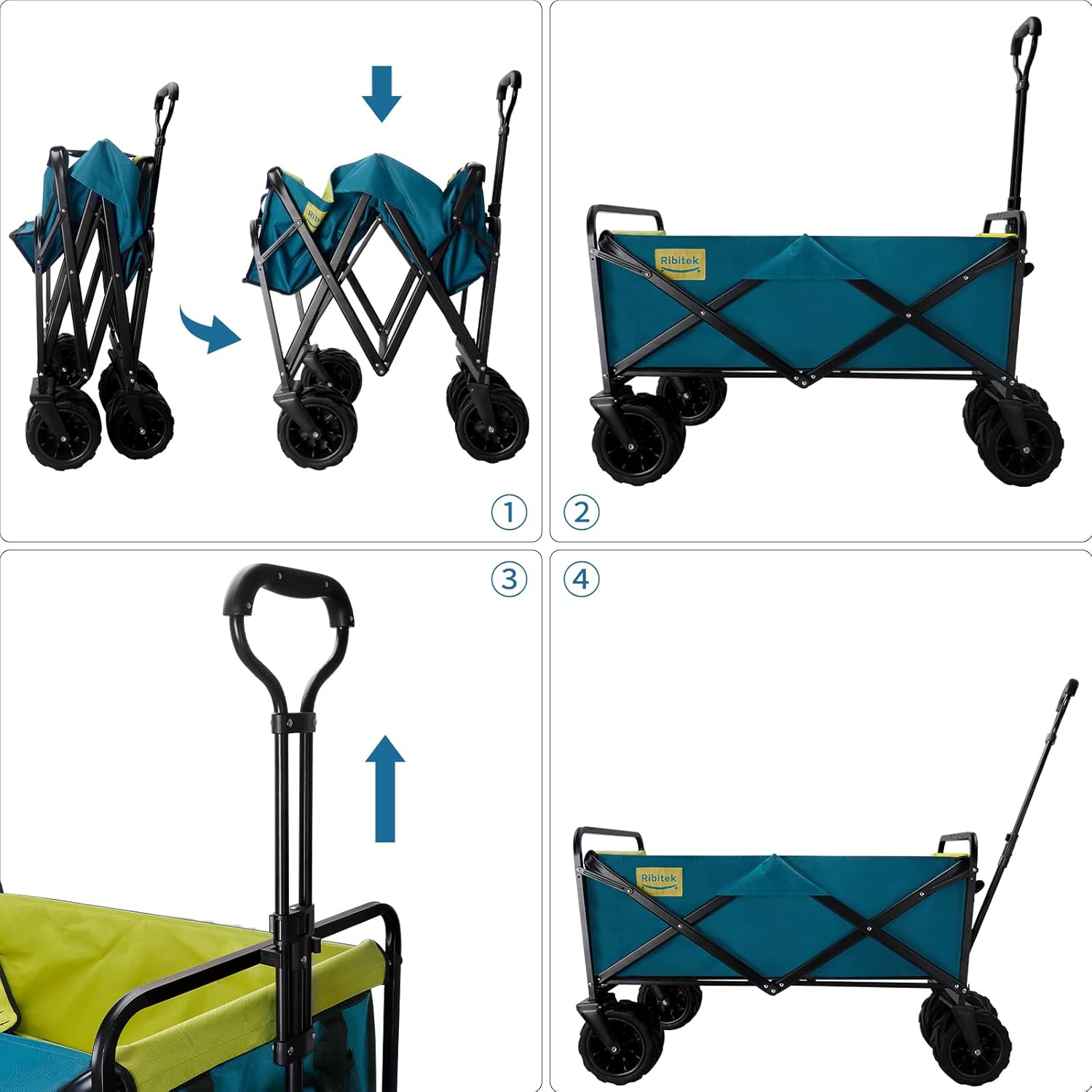 Collapsible Folding Wagon Beach Carts with Big Wheels for Sand, All-Terrain Beach Wagon with Universal Wheels, Adjustable Handle & Drink Holders for Camping, Sports, Shopping