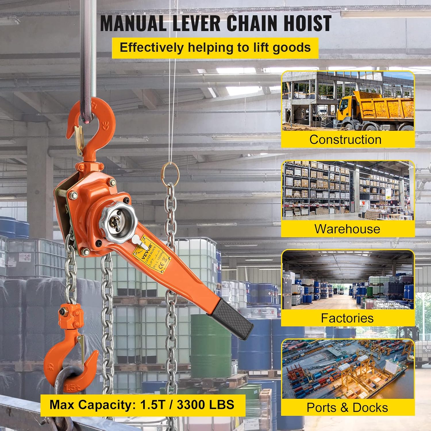 VEVOR Lever Chain Hoist, 1.5Ton 3300lbs Capacity Ratchet Puller with 10FT Max. Lifting Height, Come Along 2 Heavy Duty Steel Hooks, Manual Handling Tool for Cargo Moving in Construction, Warehouse