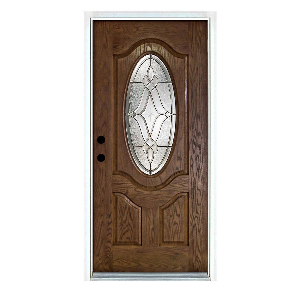 Mp Doors 36 in. x 80 in. Distinction Medium Oak Right-Hand Inswing 3/4 Oval Lite Decorative Fiberglass Prehung Front Door