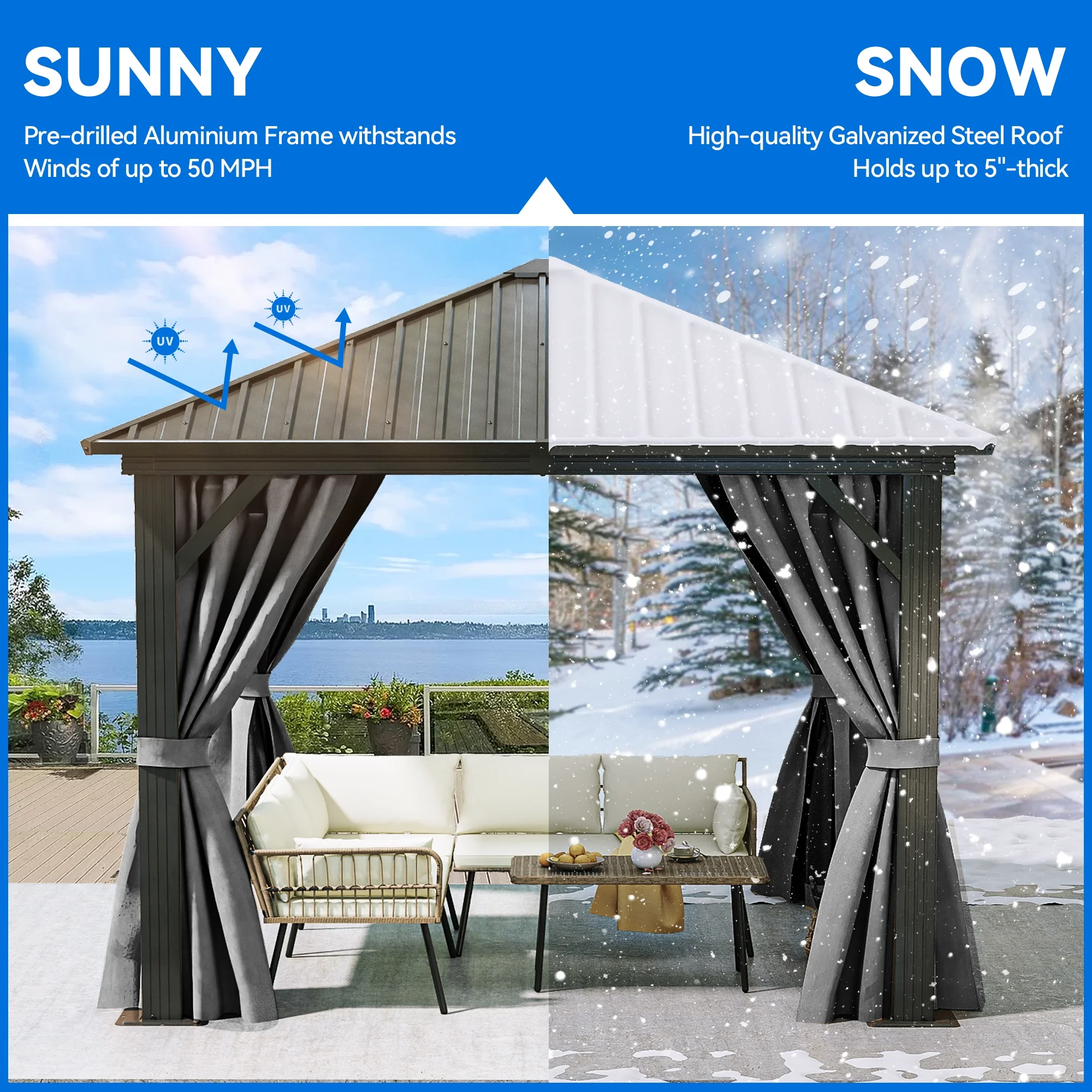 Dextrus 10x10ft Hardtop Gazebo with Nettings and Curtains,Heavy Duty Galvanized Steel Outdoor Vertical Stripes Roof for Patio, Backyard, Deck, and Lawns (Grey)