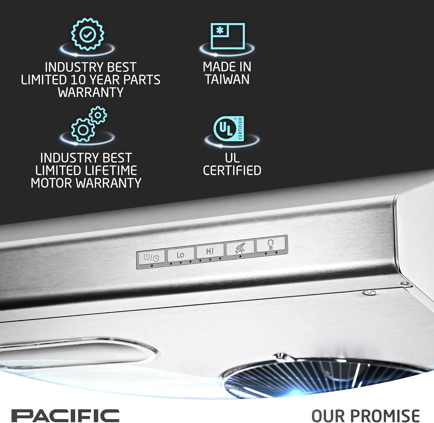 Pacific Kitchen Vent Hood AC30BS – 30 Inch Under Cabinet Range Hood – Filterless Modern Stainless Steel Hood Vent with 900 CFM Suction, Dual Fans, LED Touch Controls and Auto-Clean Function