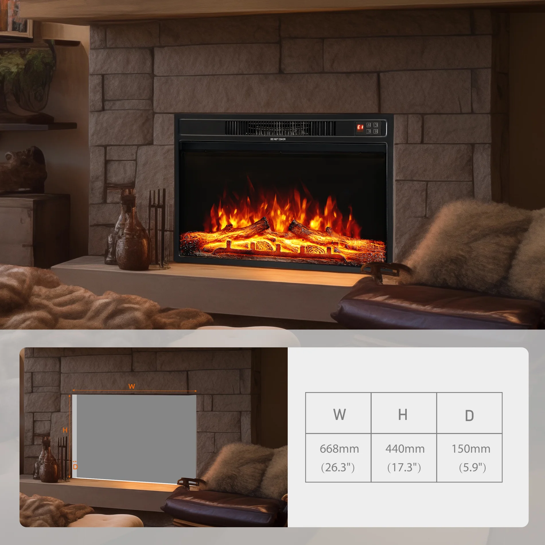 Electric Fireplace 28 inch, 1400W Fireplace Heater with Thermostat, Adjustable Flame Color and Brightness, Remote Control with Timer