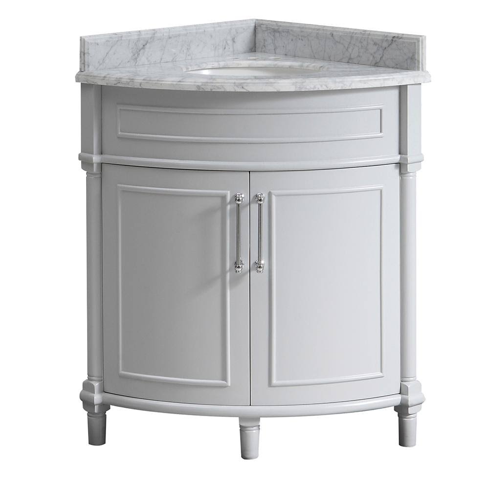 Home Decorators Collection Aberdeen 32 in. W x 23 in. D Corner Vanity in Grey with Carrara Marble Top with White Sinks