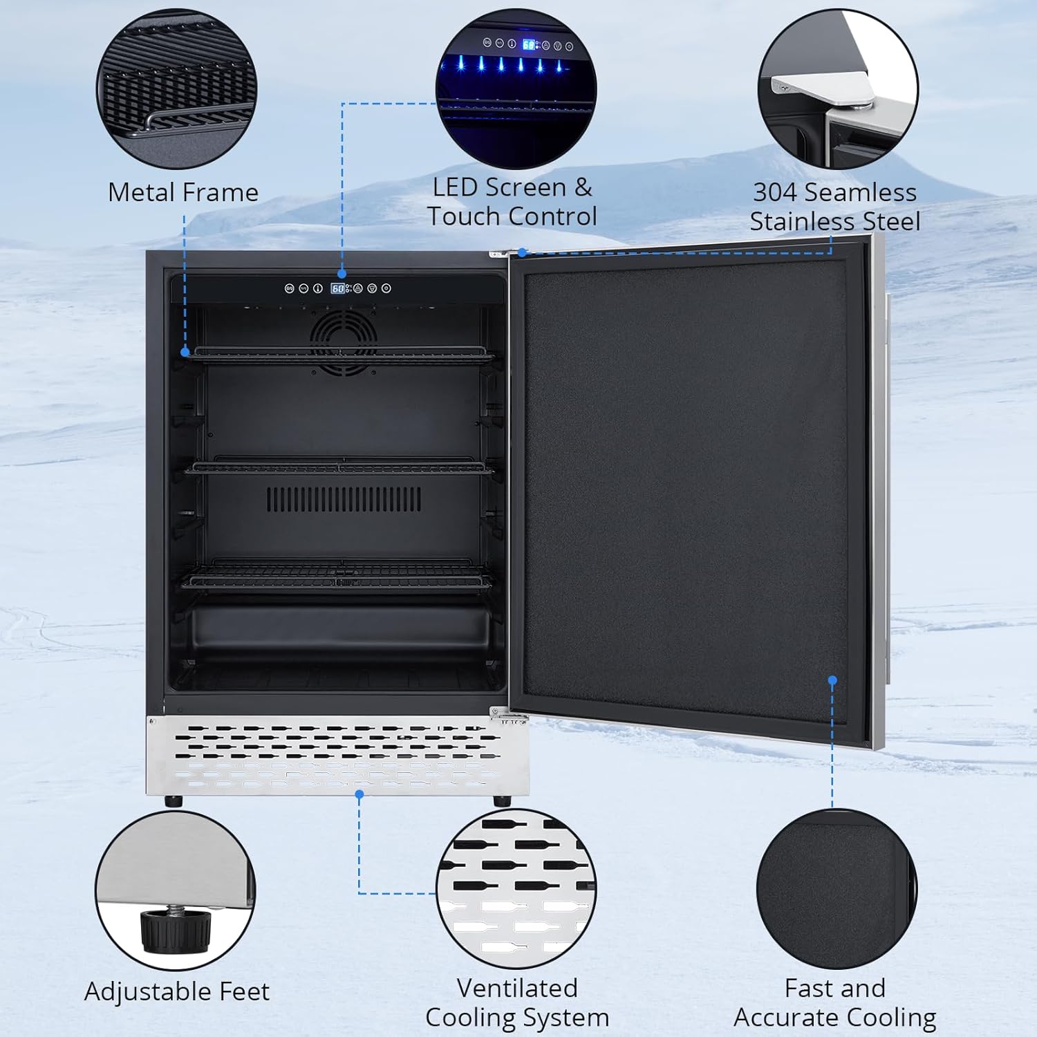 Outdoor Beverage Fridge - Weather Proof Stainless Steel, Beverage Cooler Under Counter, 120 Cans, Built-in/Freestanding, For Soda, Beer, Wine.