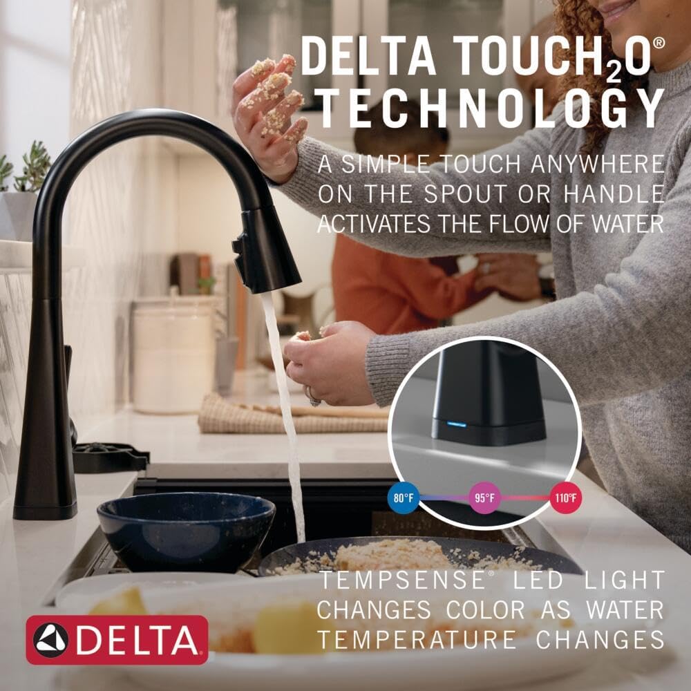 Delta Faucet Lenta Matte Black Kitchen Faucet Touch, Touch Kitchen Faucets with Pull Down Sprayer, Kitchen Sink Faucet, Kitchen Faucet Black, Touch2O Technology, Matte Black 19802TZ-BL-DST