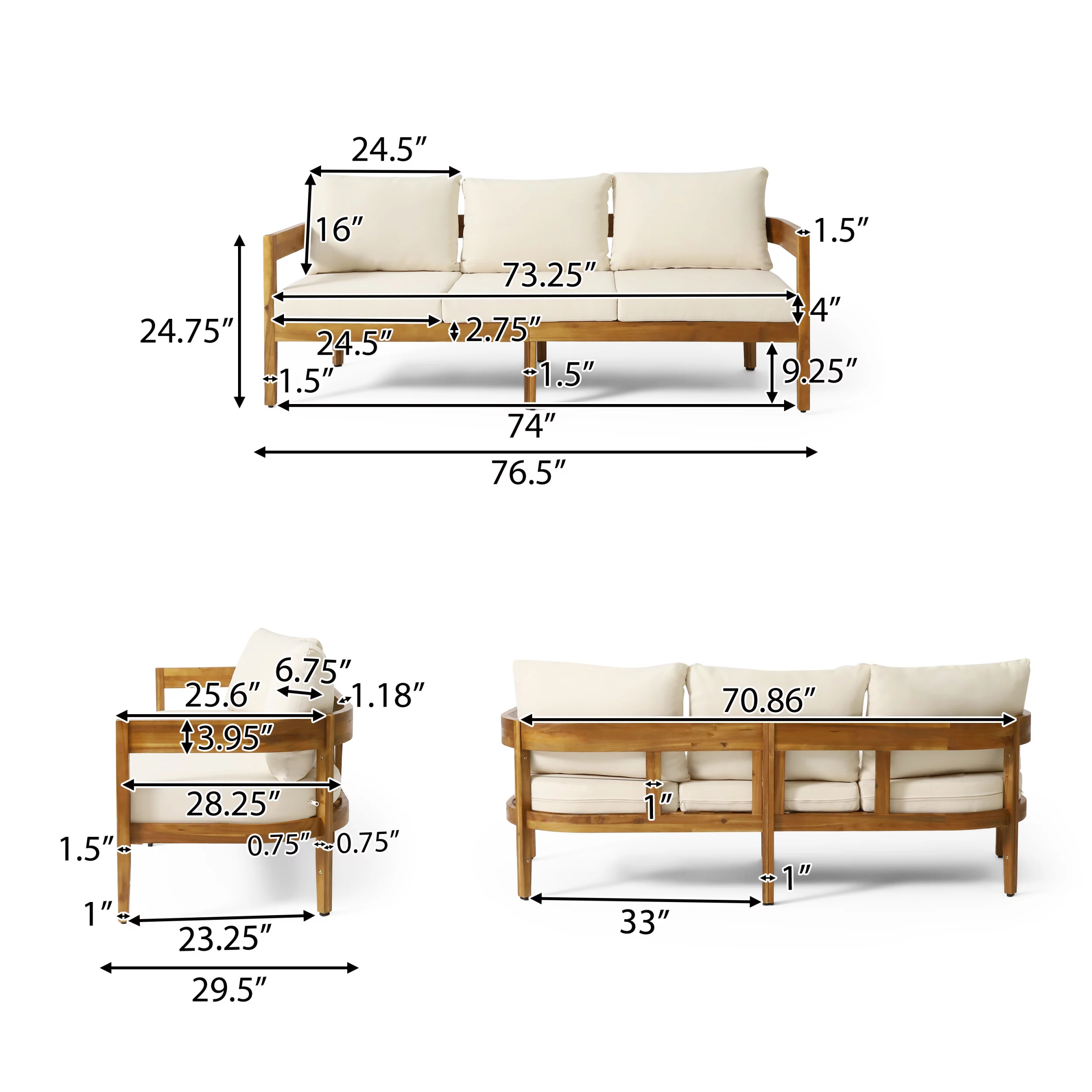 Burrough Acacia Wood Outdoor 3 Seater Sofa with Cushions, Teak and Beige