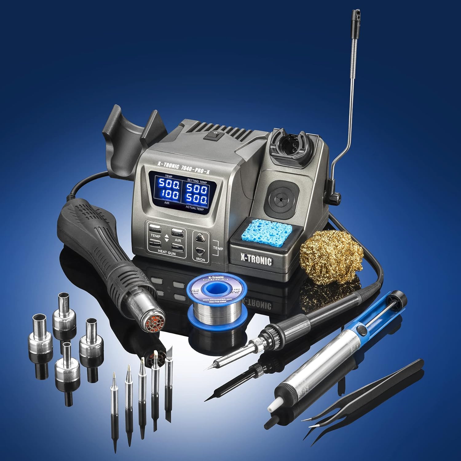 X-Tronic 7040-PRO-X • 775 Watt • Small Footprint Hot Air Rework & Soldering Iron Station • Digital Temp Controls, C/F Conversion, Calibration Func, 0-30 Min Sleep, Auto Cool Down, Mute/Unmute Sound