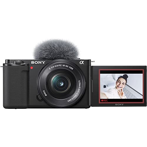 Sony ZV-E10 Mirrorless Camera with 16-50mm Lens (Black) (ILCZV-E10L/B) + 64GB Memory Card + Bag + Card Reader + HDMI Cable + Flex Tripod + Hand Strap + Memory Wallet + Cleaning Kit (Renewed)