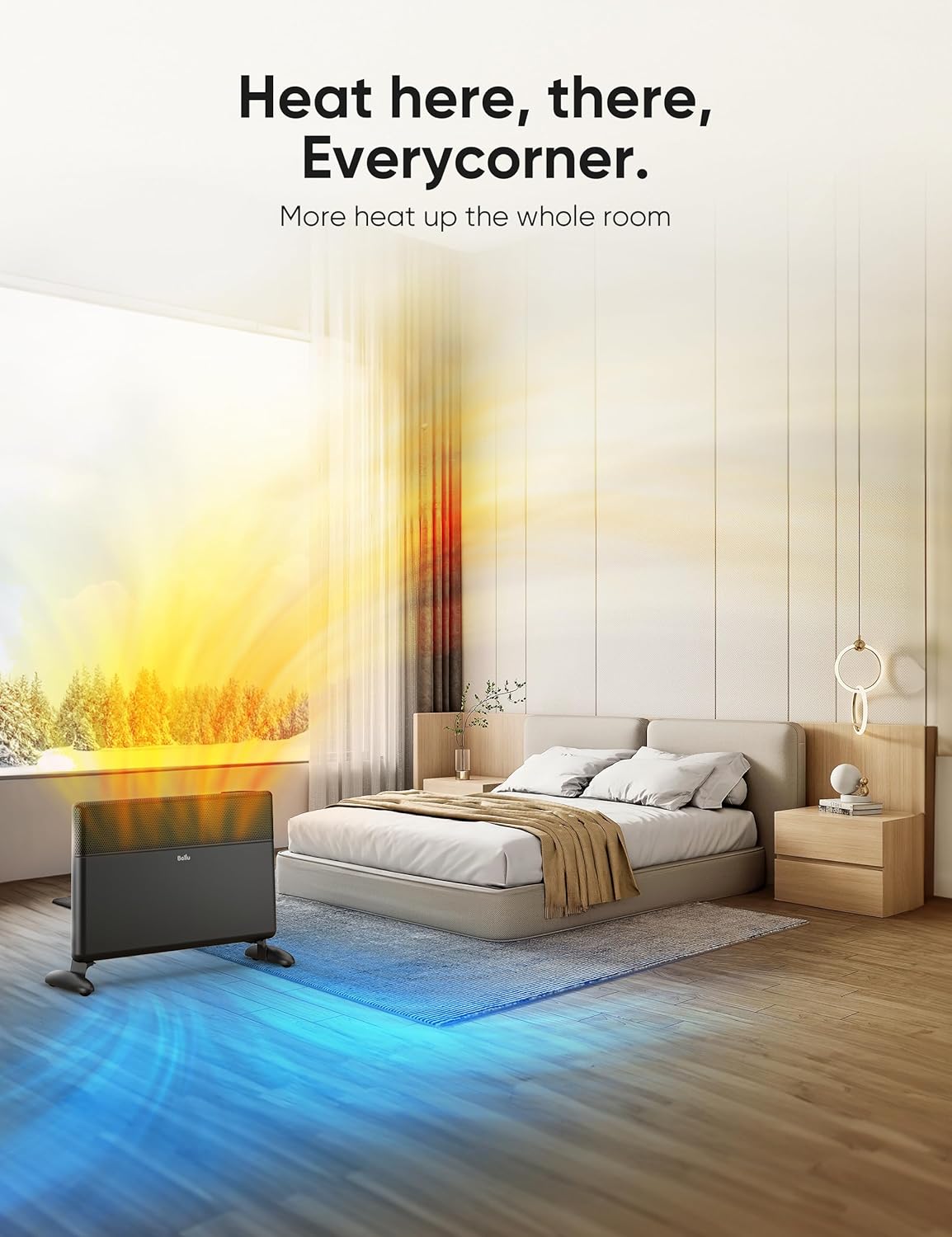 Ballu Convection Space Heaters for Indoor Use,1500W Whole Room Heating with Ditial Thermostat,Remote,24 hours Timer,Eco,Portable Stand & Wall mount,Large Room Panel Electric Space Heater for Bedroom