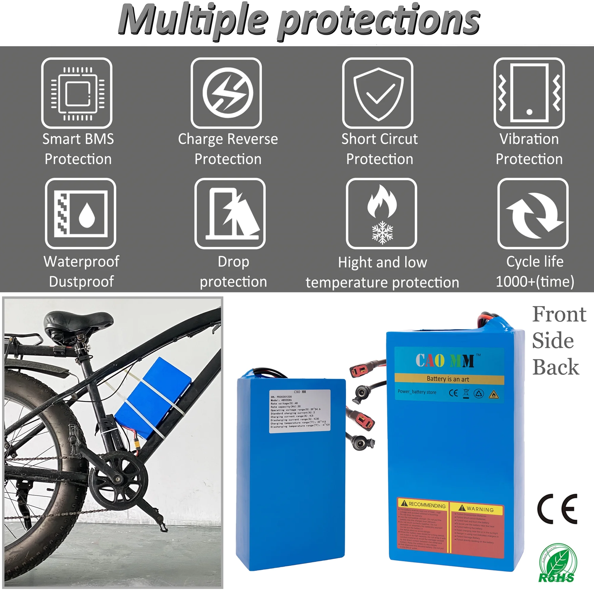 Ebike Battery 48V 20Ah Lithium Battery with Charger XT-90 48V Battery for 1200W Electric Bike Motorcycle