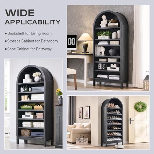 71" Tall Arched Bookshelf, 7 Tiers Arch Bookcase with Storage, Modern Farmhouse Book Shelf with Adjustable Shelves, Wood Bookshelf w/Open Display Shelves for Living Room, Office (Natural)