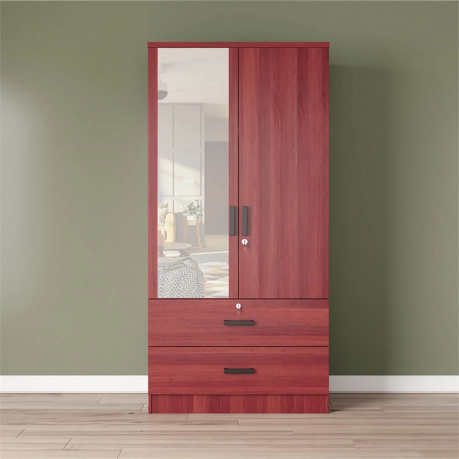 Better Home Products Grace Armoire Wardrobe with Mirror & Drawers in Mahogany