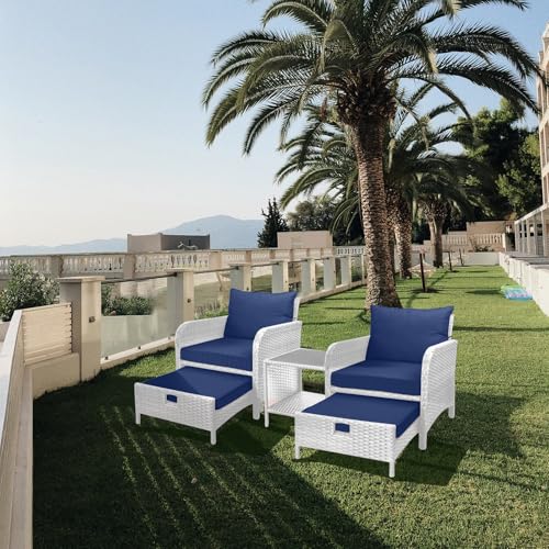 LEVELEVE Balcony Furniture 5 Piece Patio Conversation Set, PE Wicker Rattan Outdoor Lounge Chairs with Soft Cushions 2 Ottoman&Glass Table for Porch, Lawn-Brown Wicker