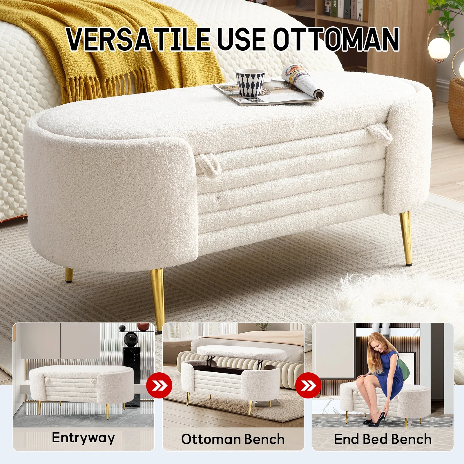 Sudwesto 45.3" Storage Ottoman Bench with Lift Top Design, Modern End of Bed Bench with Upholstered Sherpa Fabric, Toy Storage Bench for Bedroom, Living Room - Curated Treasures Market
