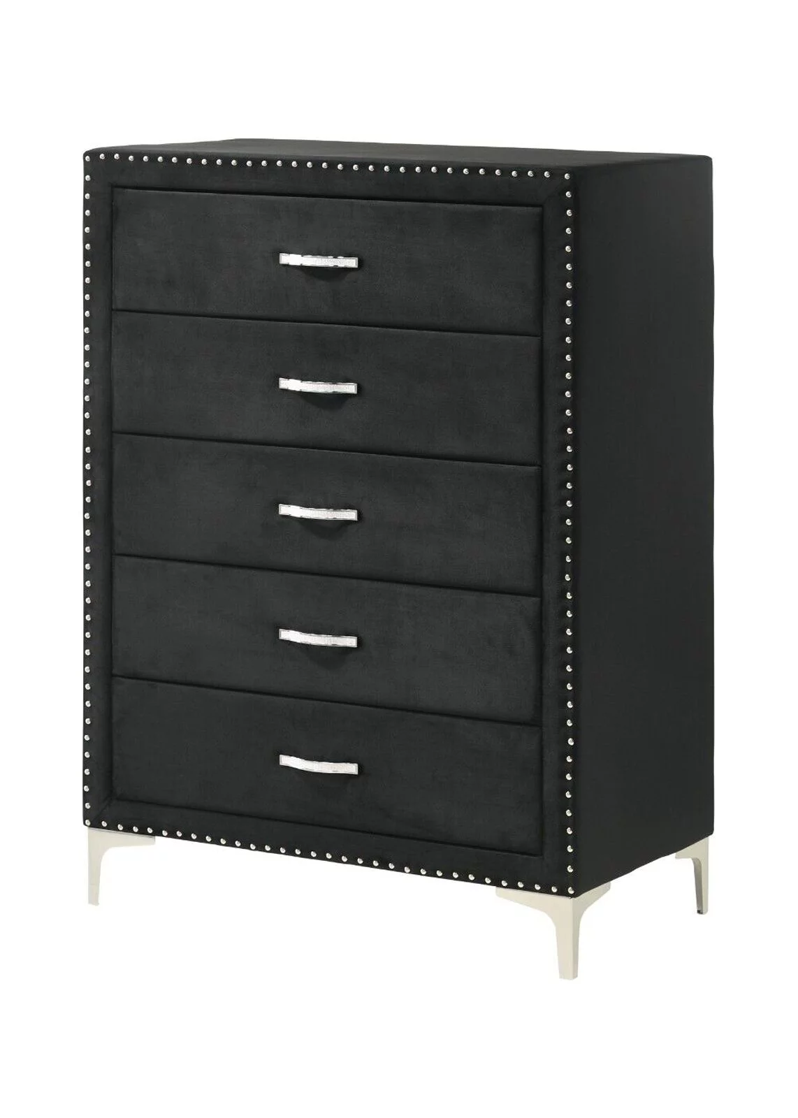 Modern Glamourous 6pc King Size Bed Dresser Mirror Nightstands Chest Bedroom Set Black Velvet Upholstery Furniture