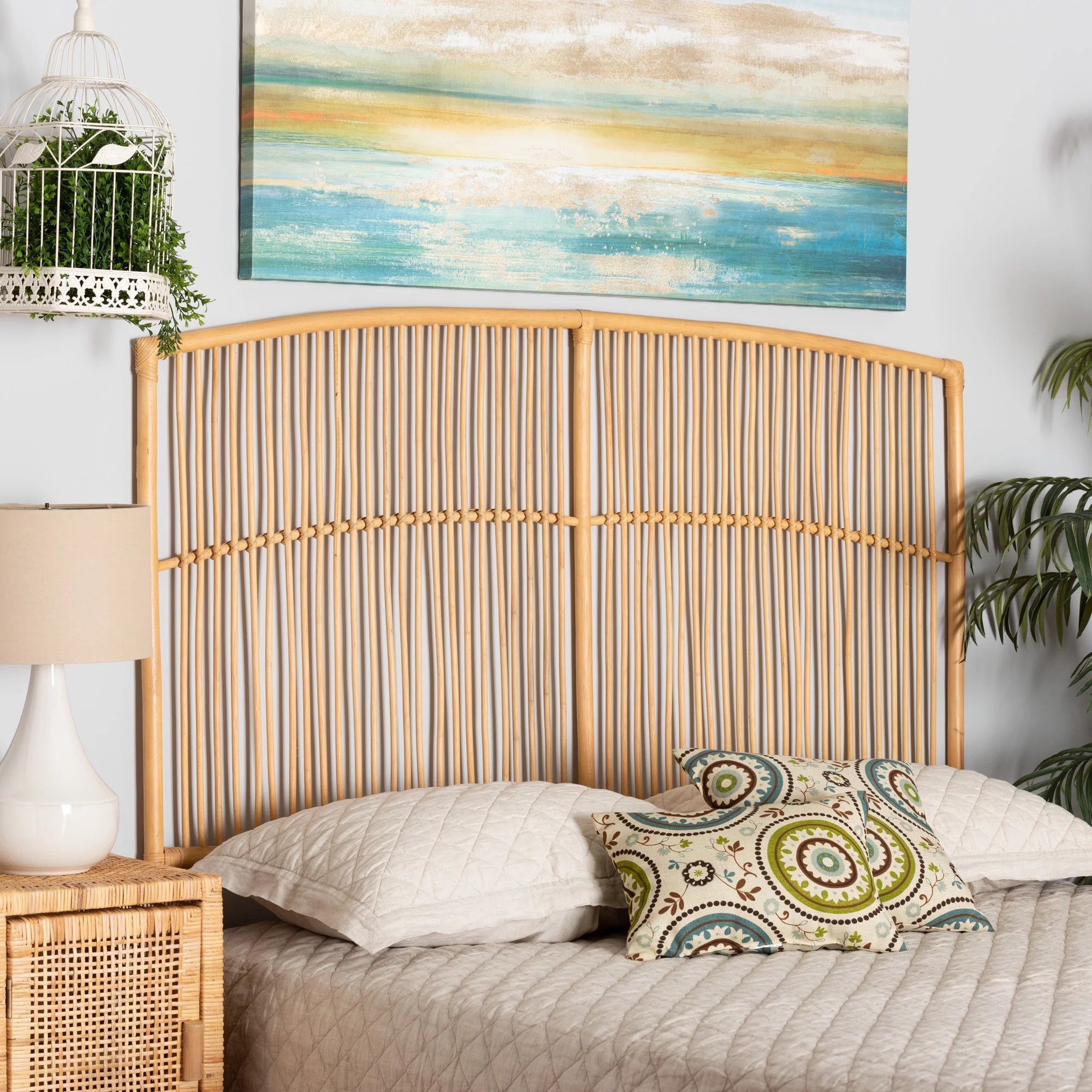 bali & pari Malvina Modern Bohemian Natural Brown Rattan Queen Size Wall-Mount Headboard