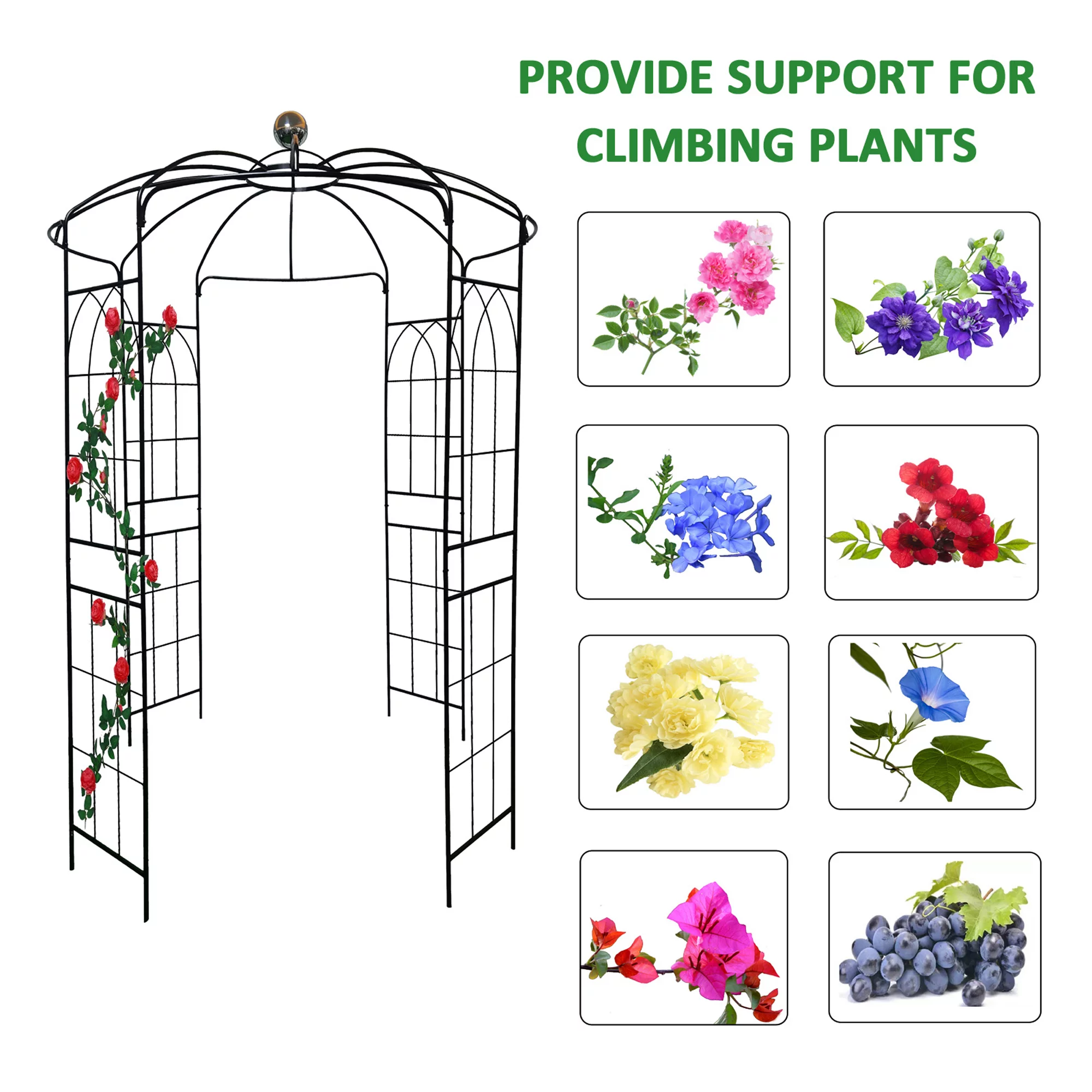 Metal Garden Arch, 81.3" Diameter x 114.2" High, Iron Birdcage-Shaped Garden Gazebo for Wedding Ceremony, Outdoor, Climbable Vine, Rose, Dark Rust Color, Black