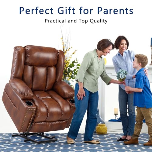 Large Power Lift Chairs Recliners for Elderly with Heated and Massage, Overstuffed Adjustable Lift Chairs, 3 Positions, Breathable Leather, USB-A and USB-C, Cup Holder, Side Pocket Dark Brown