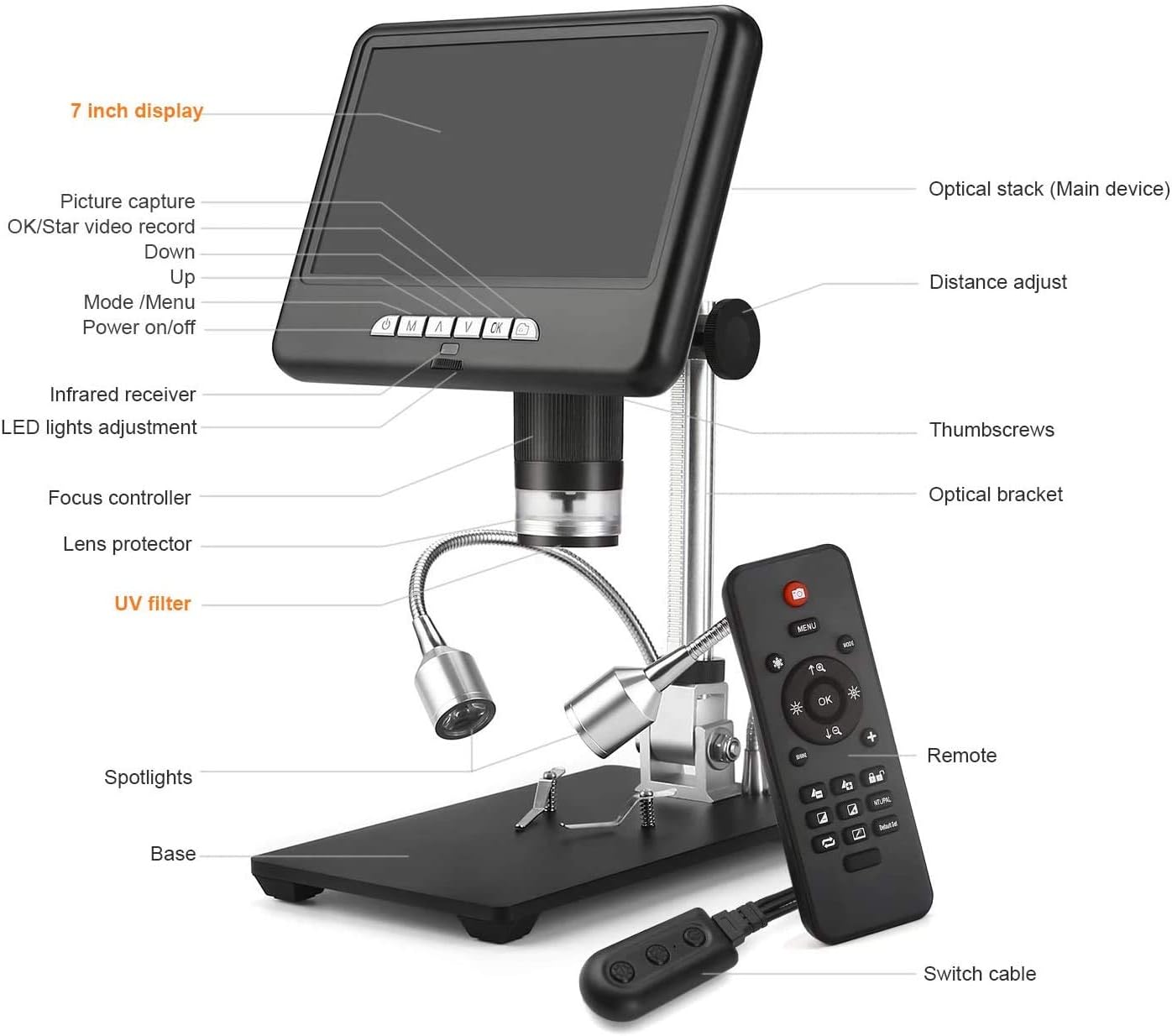 Andonstar AD207 Digital Microscope with 7-inch LCD Screen, PCB Soldering Tool and Phone Repair Instrument with 200X Magnification