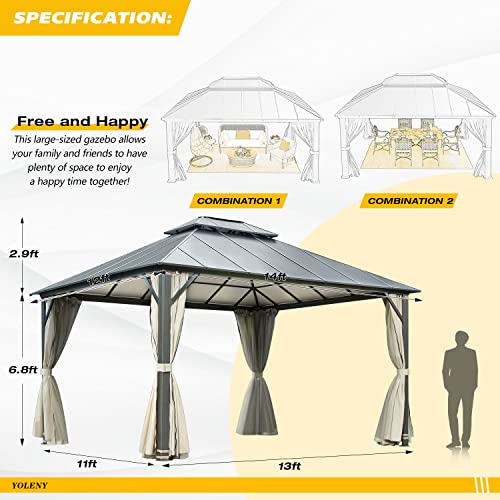 YOLENY 10' x 12' Hardtop Gazebo, Wood-Looking Gazebo with Galvanized Steel Double Roof, Aluminum Frame, Permanent Metal Pavilion with Netting and Curtains for Deck, Backyard, Patio and Lawns