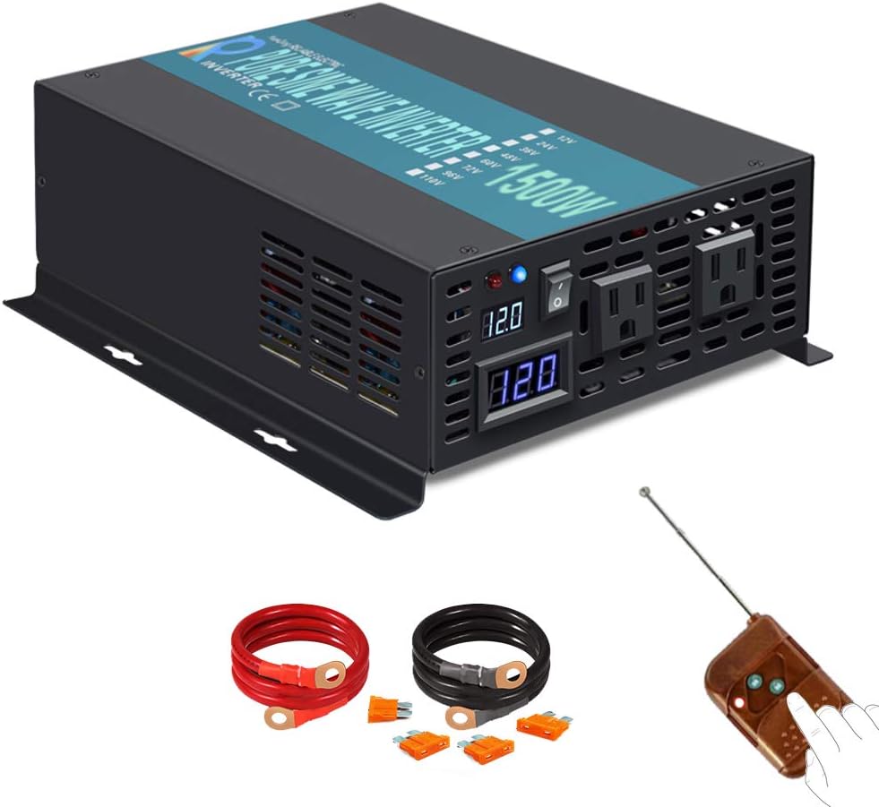 Reliable Pure Sine Wave Power Inverter 1500Watt 24V DC to 110V 120V with Remote Control Dual AC Outlets for CPAP RV Car Off Grid System