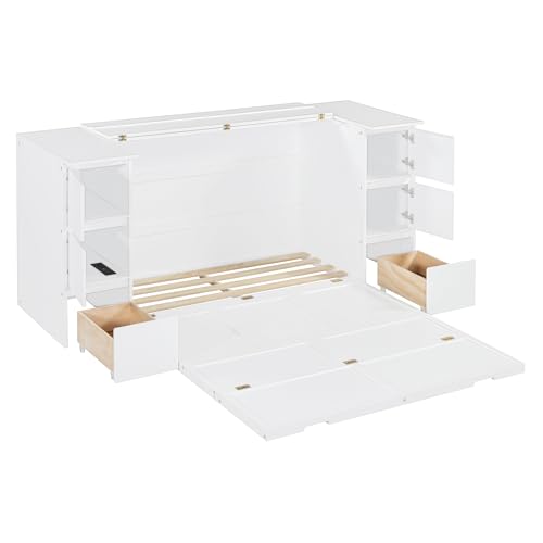 Twin Size Murphy Beds with Charging Station and Storage Drawers, Wood Cabinet Bed Frame, Wall Bed with Outlet & USB Ports for Home Office Studio, White