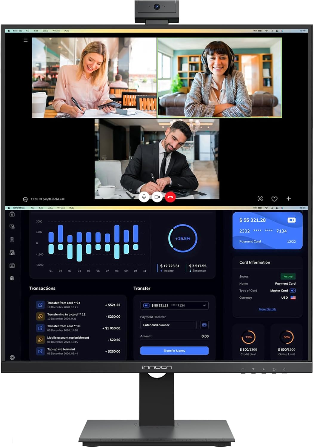 INNOCN 28 Inch 16:18 SDQHD 2560 x 2880p Computer Vertical Monitor with 2.0MP Webcam with Mic, Height/Pivot Adjustable Stand, Speakers, 98% DCI-P3, HDR 10, Black - 28C1Q