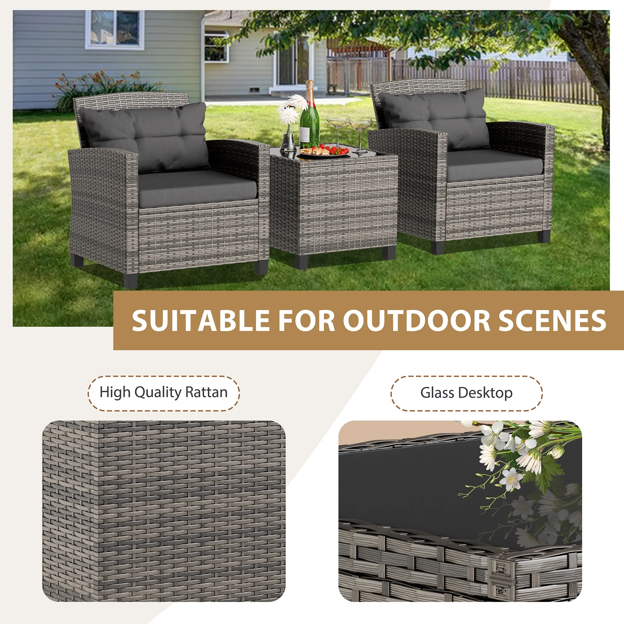 Walsunny 3 Pieces Patio Furniture Set Outdoor Wicker Conversation Bistro Set Outdoor Patio Chairs with Tempered Glass Table Beige