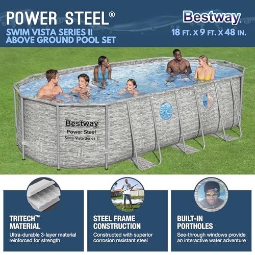 Bestway Power Steel Swim Vista Series II 14' x 8' 2" x 39.5" Above Ground Outdoor Swimming Pool Set with 530 GPH Filter Pump, Ladder, and Pool Cover