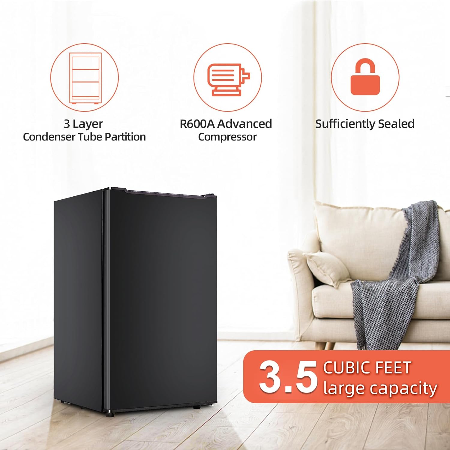 3.5 Cubic Feet Upright Freezer with Reversible Single Door Stainless Steel Compact Freezer Black Adjustable Thermostat Removable Shelves Ideal for Kitchen Office and Bar