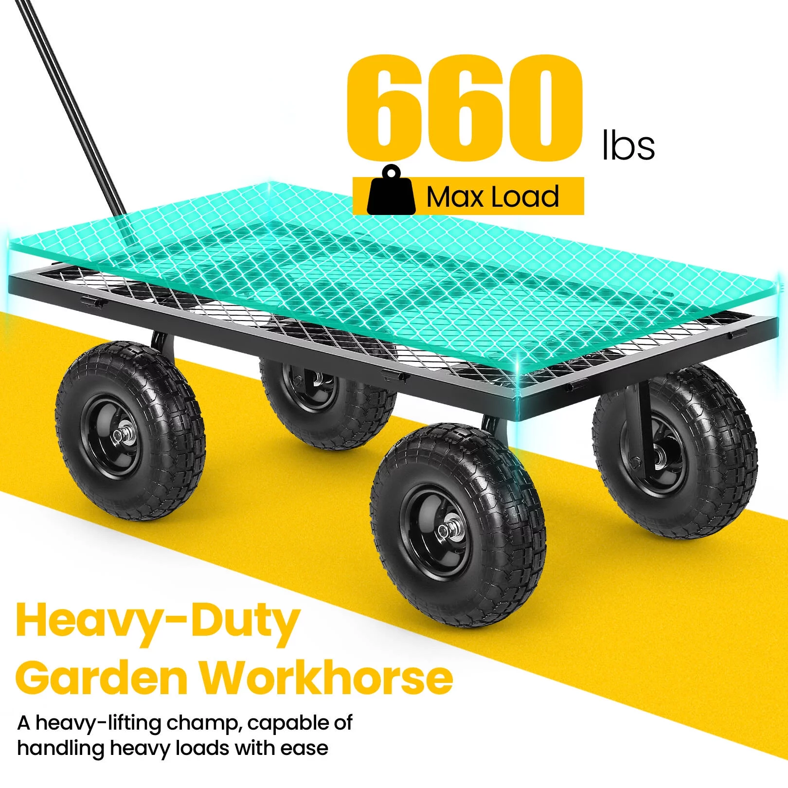 Funcid Steel Garden Cart, Heavy Duty 660 LBS Capacity, with Removable Mesh Sides to Convert into Flatbed, Utility Metal Wagon with 180° Rotating Handle and 10" Tires, Perfect for Garden, Farm, Yard