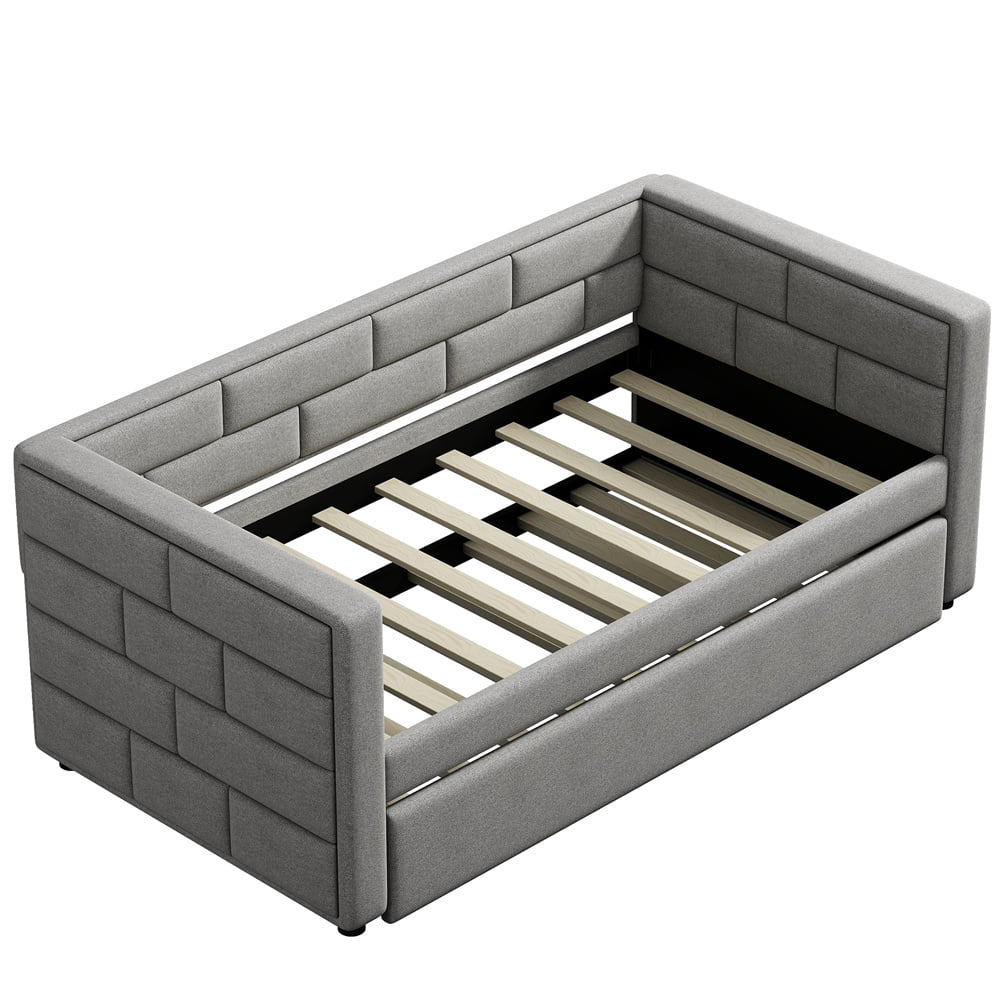 Twin Daybed with Trundle, Upholstered with Storage Drawers, Wood, No Box Spring Needed, Gray