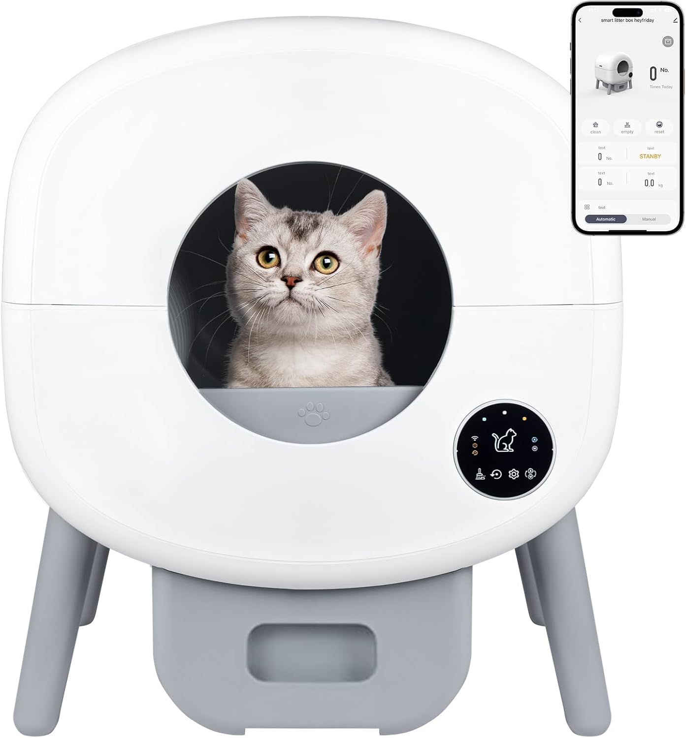 Heifriday Self Cleaning Litter Box, Large Automatic Cat Litter Box Self Cleaning with APP and Simple Panel Control Twofold Odor Removal Safety Protection for Multiple Cats
