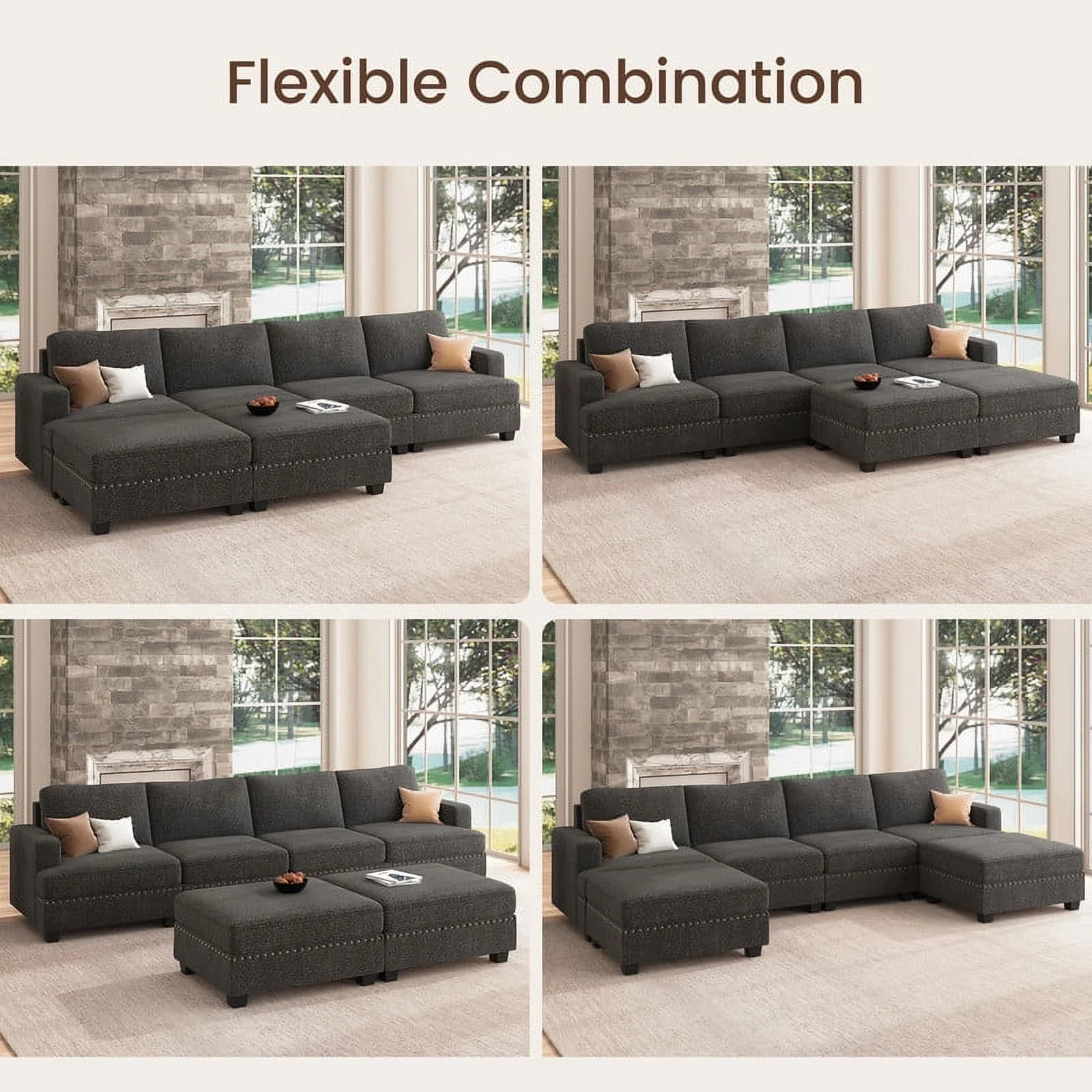 Nolany Modern U Shaped Modular Sectional Sofa with Storage Ottoman for Small Space, Dark Grey